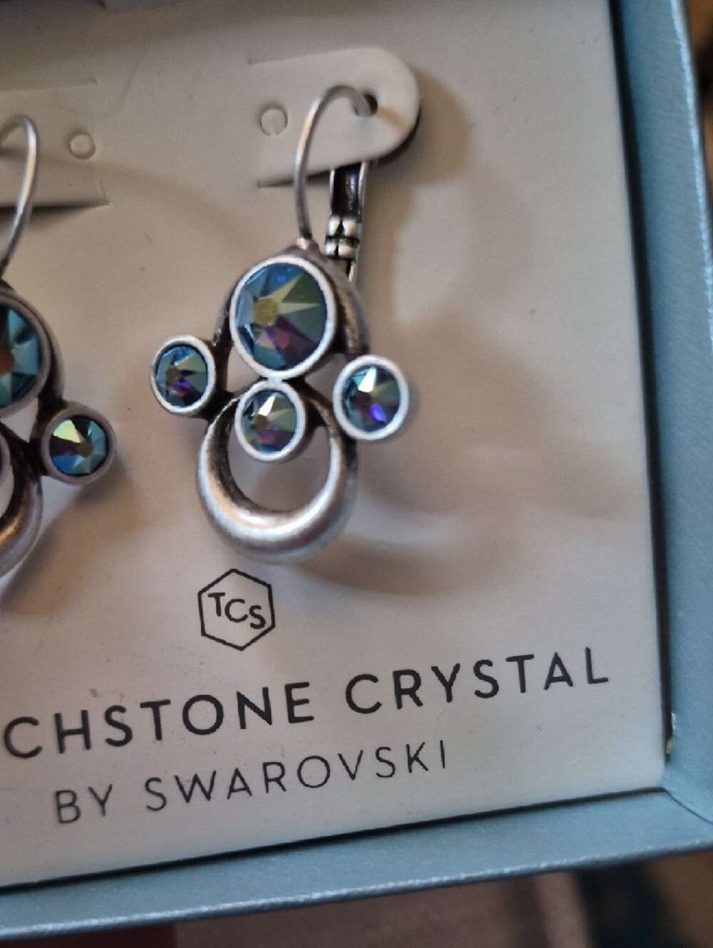 Touchstone Crystal by Swarovski Iridescent Teal Drop Earrings - Picture 2 of 2